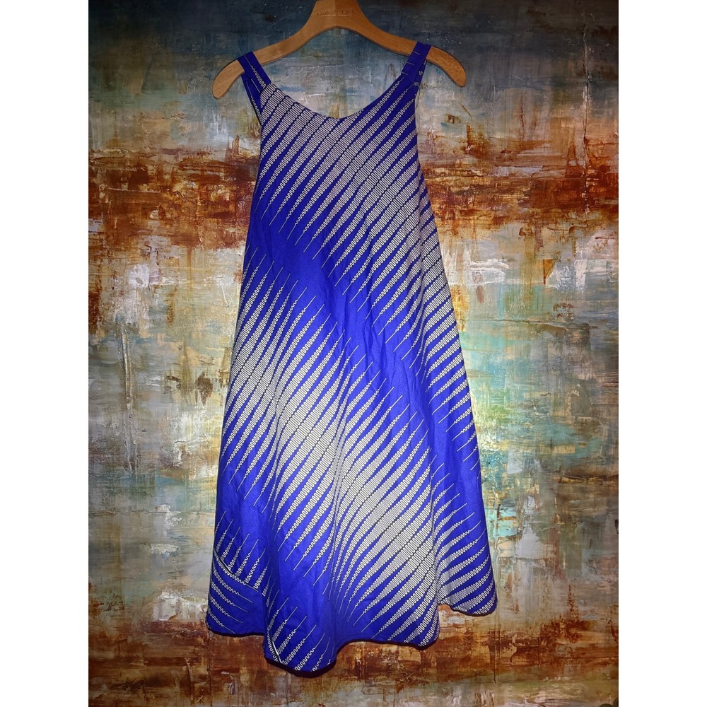 Hand Sewn Blue White Geometric Squiggle Print Midi Dress with Pockets Smocked Bk
